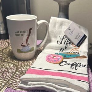 Mainstays White and Pink Coffee-Themed Towel and Mug Set